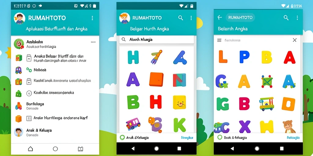 Antarmuka RUMAHTOTO yang interaktif untuk belajar huruf dan angka.