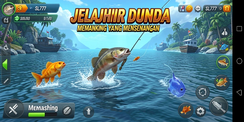Antarmuka SL777 yang menampilkan suasana memancing yang menenangkan.